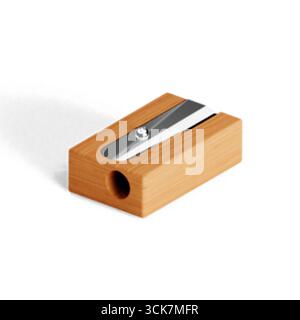 A bamboo pencil sharpener with a metal blade for sharpening pencils. Stock Photo