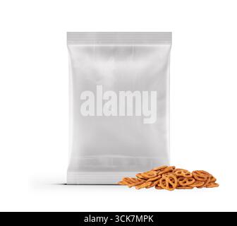 A clear snack bag with pretzels beside it, ideal for packaging and showcasing snack products. Stock Photo