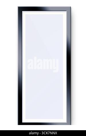 A tall, rectangular mirror with a sleek black frame, designed for reflection and interior decoration. Stock Photo