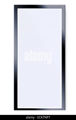 A simple rectangular mirror with a sleek black frame, reflecting light and surroundings. Stock Photo