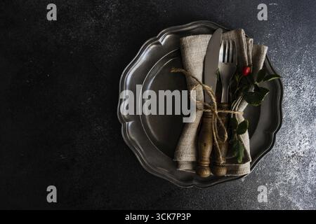 Autumnal table setting with ripe pupking for Thanksgiving holiday dinner Stock Photo