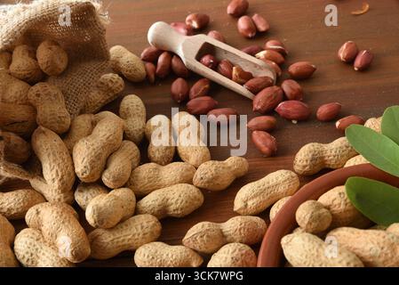 Detail of a peanut on a rustic wooden table with shells and peeled nuts in various containers. Elevated view. Stock Photo