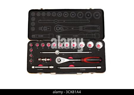 A set of wrenches, sockets, and holders for ratchet sockets and adapters. Stock Photo