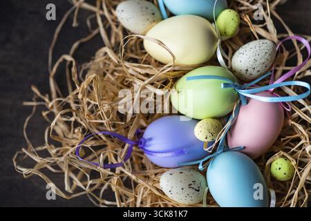 Easter holiday natural composition with first spring flowers like tricolor violas and primerose, colored eggs Stock Photo