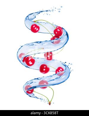 Cherries with splashes of water in a swirling shape Stock Photo