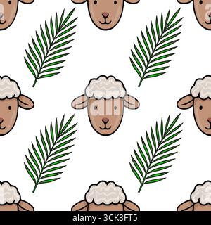 Seamless vector pattern of cute cartoon sheep faces and palm leaves, perfect for Easter or spring-themed designs. Stock Vector