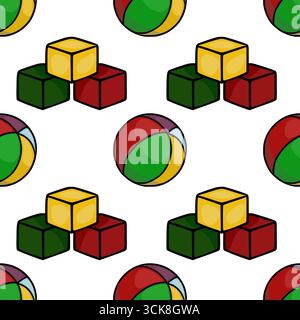 Seamless vector pattern featuring vibrant multicolored blocks and balls, ideal for kids' textile designs or playful backgrounds. Stock Vector