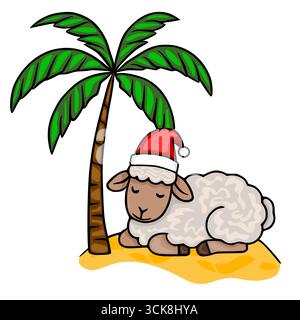 Adorable vector illustration of a sleeping sheep wearing a Santa hat, resting under a palm tree on a sandy beach, creating a unique Christmas tropical Stock Vector