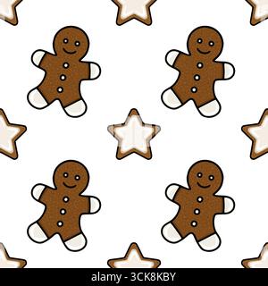 Seamless vector pattern featuring charming gingerbread men and star-shaped cookies, perfect for festive winter designs and packaging. Stock Vector