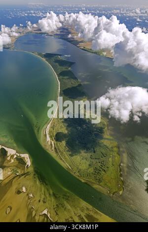 Aerial view, Rassower Strom, passage Hiddensee and Ruegen, trough, Vitter Bodden, bow, clouds, Schaprode, island Ruegen, Mecklenburg-Vorpommern, Germa Stock Photo