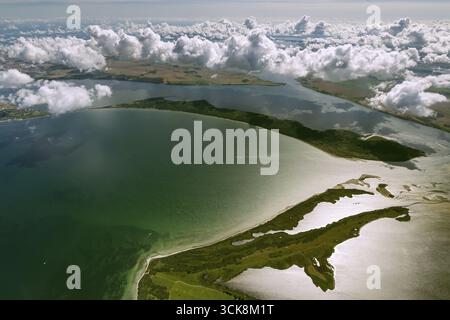 Aerial view, Rassower Strom, passage Hiddensee and Ruegen, trough, Vitter Bodden, bow, clouds, island Hiddensee, island Ruegen, Mecklenburg-Vorpommern Stock Photo