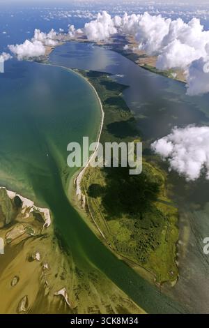 Aerial view, Rassower Strom, passage Hiddensee and Ruegen, trough, Vitter Bodden, bow, clouds, Schaprode, island Ruegen, Mecklenburg-Vorpommern, Germa Stock Photo