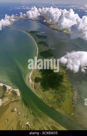 Aerial view, Rassower Strom, passage Hiddensee and Ruegen, trough, Vitter Bodden, bow, clouds, Schaprode, island Ruegen, Mecklenburg-Vorpommern, Germa Stock Photo
