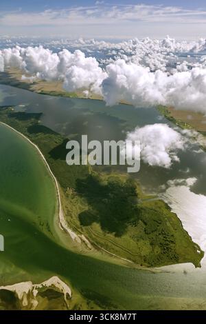 Aerial view, Rassower Strom, passage Hiddensee and Ruegen, trough, Vitter Bodden, bow, clouds, island Hiddensee, island Ruegen, Mecklenburg-Vorpommern Stock Photo