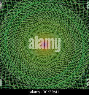 Energetic green spirals burst from a warm central point on a black background Stock Vector