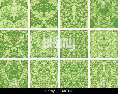 Elegant green vintage floral pattern tiles with ornamental leaf designs Stock Vector