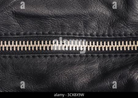 Black leather texture with zipper. Closeup of shiny metallic fastener. Fashion detail of clothing accessory. Material background for design. Stock Photo