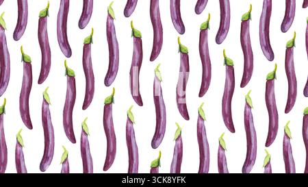 Watercolor Japanese eggplant seamless pattern. Autumn harvest background with different vegetables of wrapper, packaging, farm market banner, menu Stock Photo