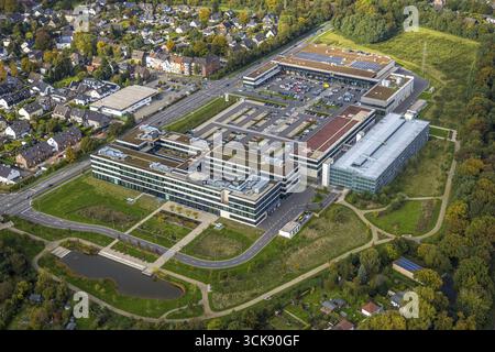 Aerial view, EDEKA Rhein-Ruhr Stiftung headquarters and administration, Edekaplatz and Edeka Gerdes supermarket with car parks, Shromersee Park, Moers Stock Photo