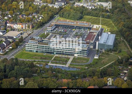 Aerial view, EDEKA Rhein-Ruhr Foundation headquarters and administration, Edekaplatz and Edeka Gerdes supermarket with car parks, Shromersee Park, Moe Stock Photo