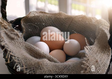 Assorted chicken eggs in different colors placed inside a wicker basket lined with burlap with defocused window in the background.  Farm fresh, rustic Stock Photo