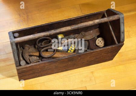 Old Tools in Toolbox - from above Stock Photo