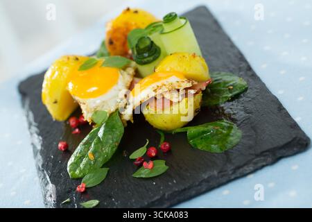 Potato burgers with quail egg Stock Photo