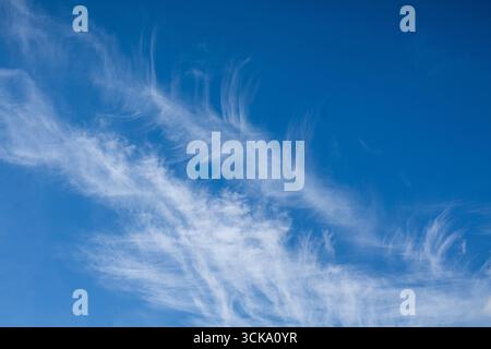 Wispy cirrus clouds stretching across clear blue sky with natural atmospheric patterns. Stock Photo