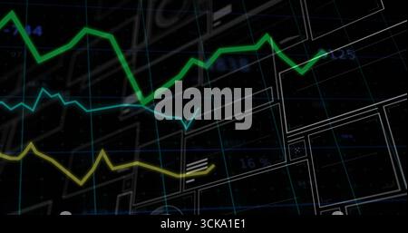 Displaying green, cyan, yellow lines overlaying grid on dashboard, with 3D shapes and data labels Stock Photo
