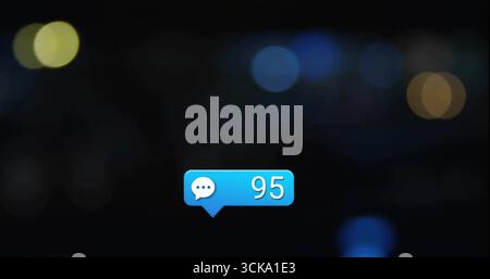 Floating blue message bubble showing speech icon and number 95 in dark blurred city background Stock Photo