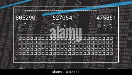 Displaying white-bordered panel showing three codes on monitor, with matrix patterns and icon grid Stock Photo