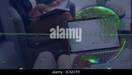 Collaborating three professionals analyzing code with globe overlay in office lounge, floating data Stock Photo