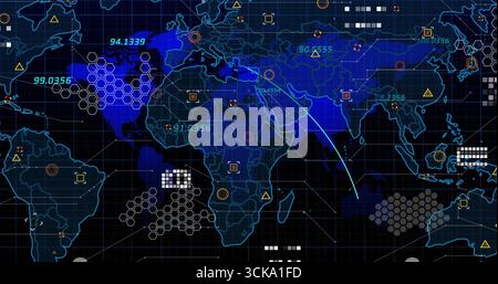 Displaying world map overlay showing hexagonal grid clusters on control panel, with numeric labels Stock Photo