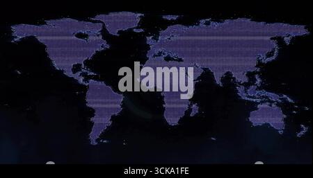 Displaying purple grid-patterned world map on control room display, with scan lines and pixel noise Stock Photo
