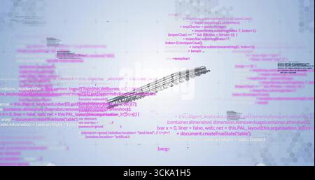 Displaying rail map floating over abstract workspace with JavaScript code and hex grid texture Stock Photo