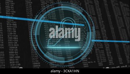 Projecting blue HUD circle over terminal screen, with question mark head silhouette and blue lines Stock Photo