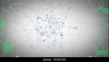 Displaying abstract network on grey canvas with nodes, lines and paths, circles and green shapes Stock Photo