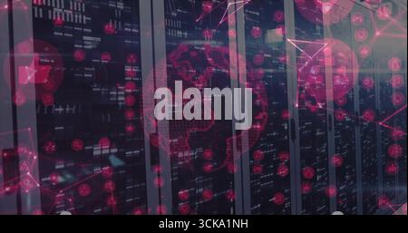 Lighting server racks in server room, showing blinking LEDs and red world map with network icons Stock Photo