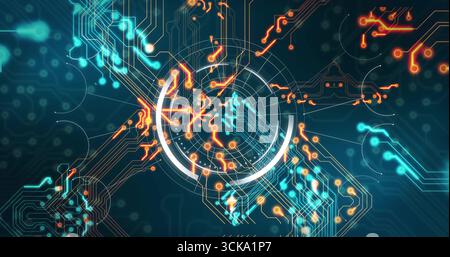 Animating central hologram interface rotating on grid, with concentric rings, circuits and nodes Stock Photo