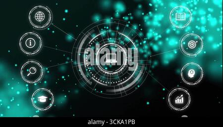 Displaying laptop icon rotating HUD rings in interface with teal backdrop and peripheral icons Stock Photo