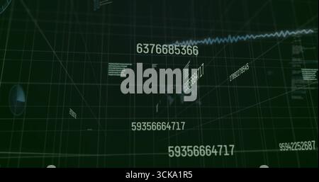 Displaying 3D data grid receding with floating numeric 6376685366, graph, world silhouette Stock Photo