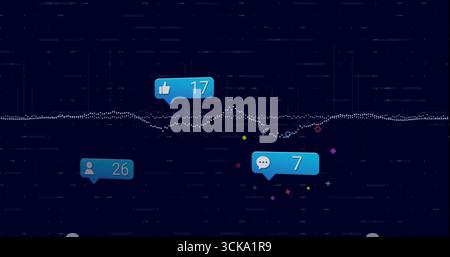 Displaying social interaction icons floating over dashboard, with dotted waveform and data lines Stock Photo