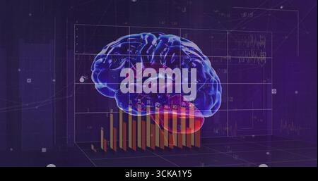 Floating holographic brain model glowing in virtual data interface, with 3D bar charts Stock Photo