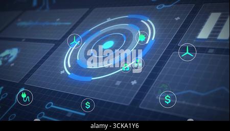 Animating central circular digital interface in virtual control panel, with energy finance icons Stock Photo