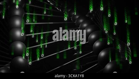 Stylized double helix floating in space with black spheres, rods, falling green binary digits Stock Photo