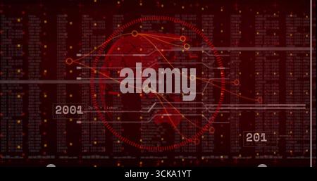 Displaying semi-transparent globe rotating within red dashboard, with HUD rings numeric readouts Stock Photo