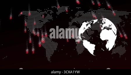 White globe overlapping dotted map in digital network field, with white-red binary code, copy space Stock Photo