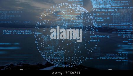 Displaying digital globe with lit node network over rocky shoreline at dusk featuring floating code Stock Photo