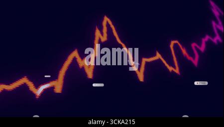 Displaying jagged line graph glowing on dark screen, with numeric labels and rectangular data tags Stock Photo