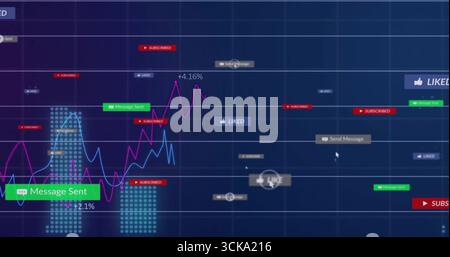 Displaying analytics dashboard on computer screen, with charts badges annotations and cursor Stock Photo